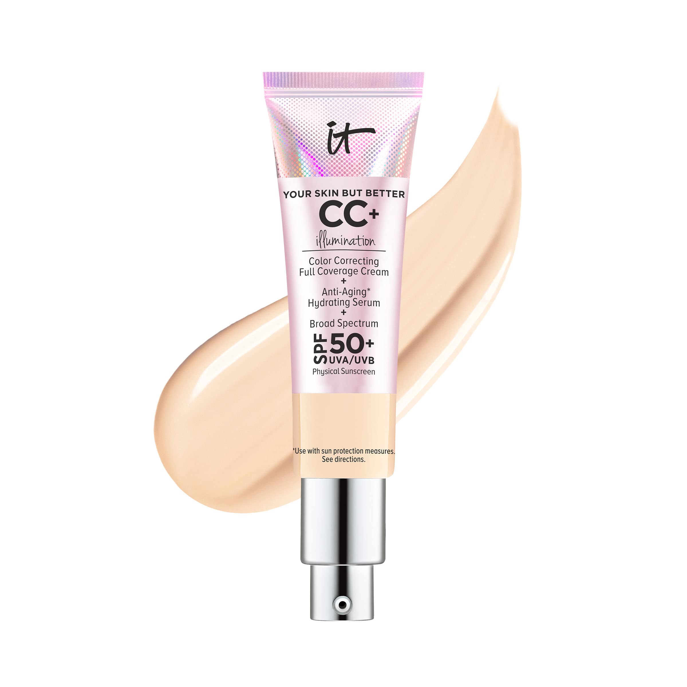 IT Cosmetics CC+ Cream Illumination - Radiant Full Coverage Foundation With SPF 50+, Color Corrector & Hydrating Anti-Aging Serum, Hydrolyzed Collagen + Peptides, Normal to Dry Skin - 1.08 fl oz