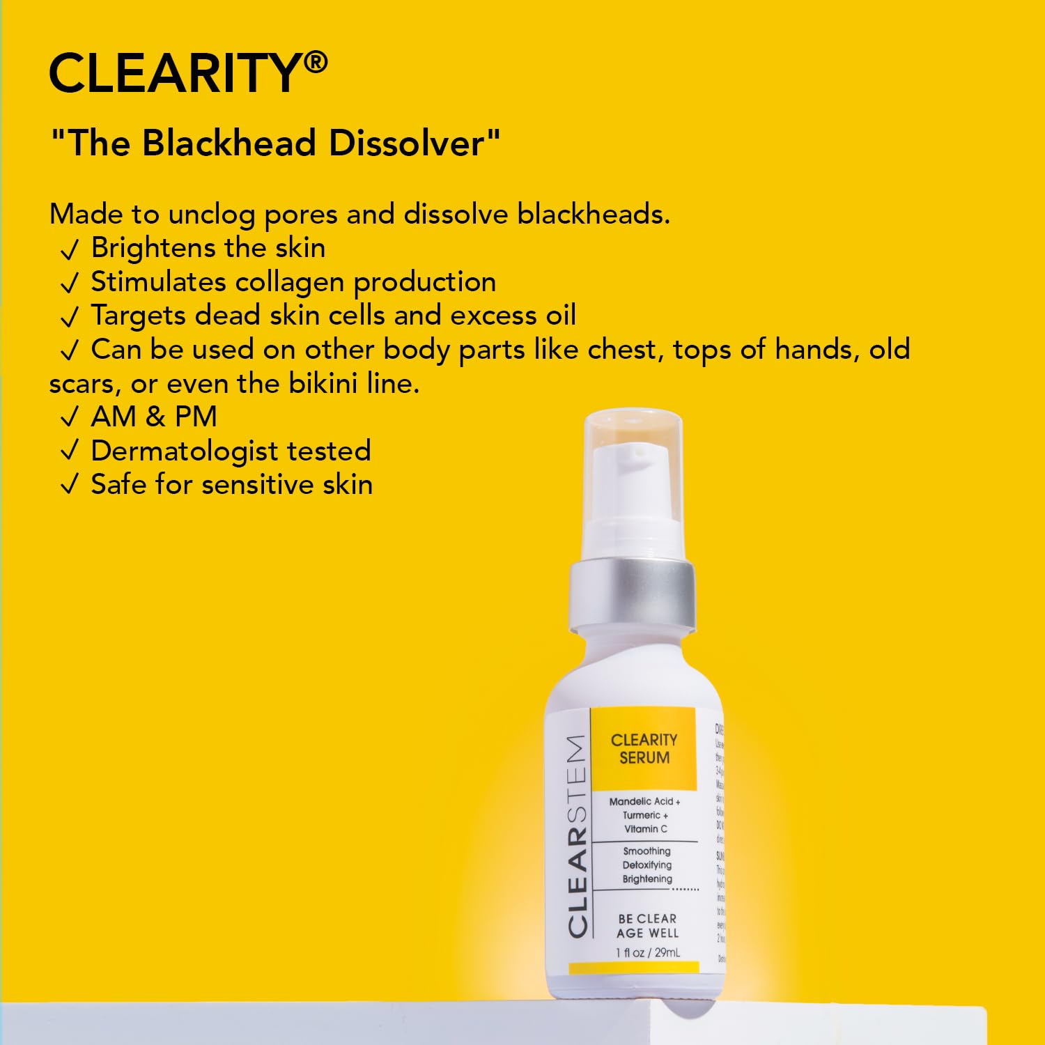 CLEARSTEM - CLEARITY The Blackhead Dissolver Mandelic Acid Serum - Vitamin C, Turmeric, Collagen Boost - All Skin Types - Facial Skin Care Products - Gluten Free, Cruelty Free - 1 fl oz / 29ml