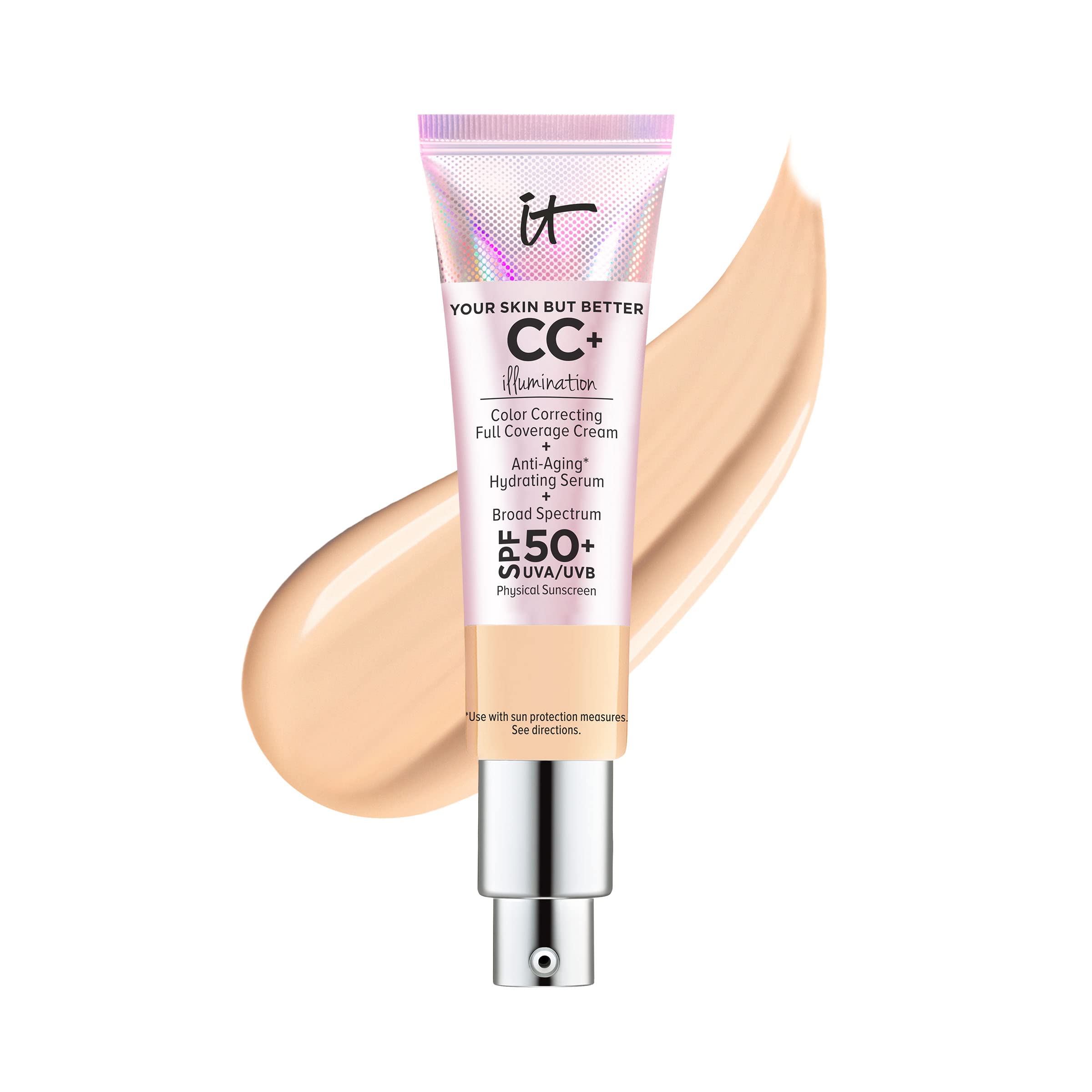 IT Cosmetics CC+ Cream Illumination - Radiant Full Coverage Foundation With SPF 50+, Color Corrector & Hydrating Anti-Aging Serum, Hydrolyzed Collagen + Peptides, Normal to Dry Skin - 1.08 fl oz