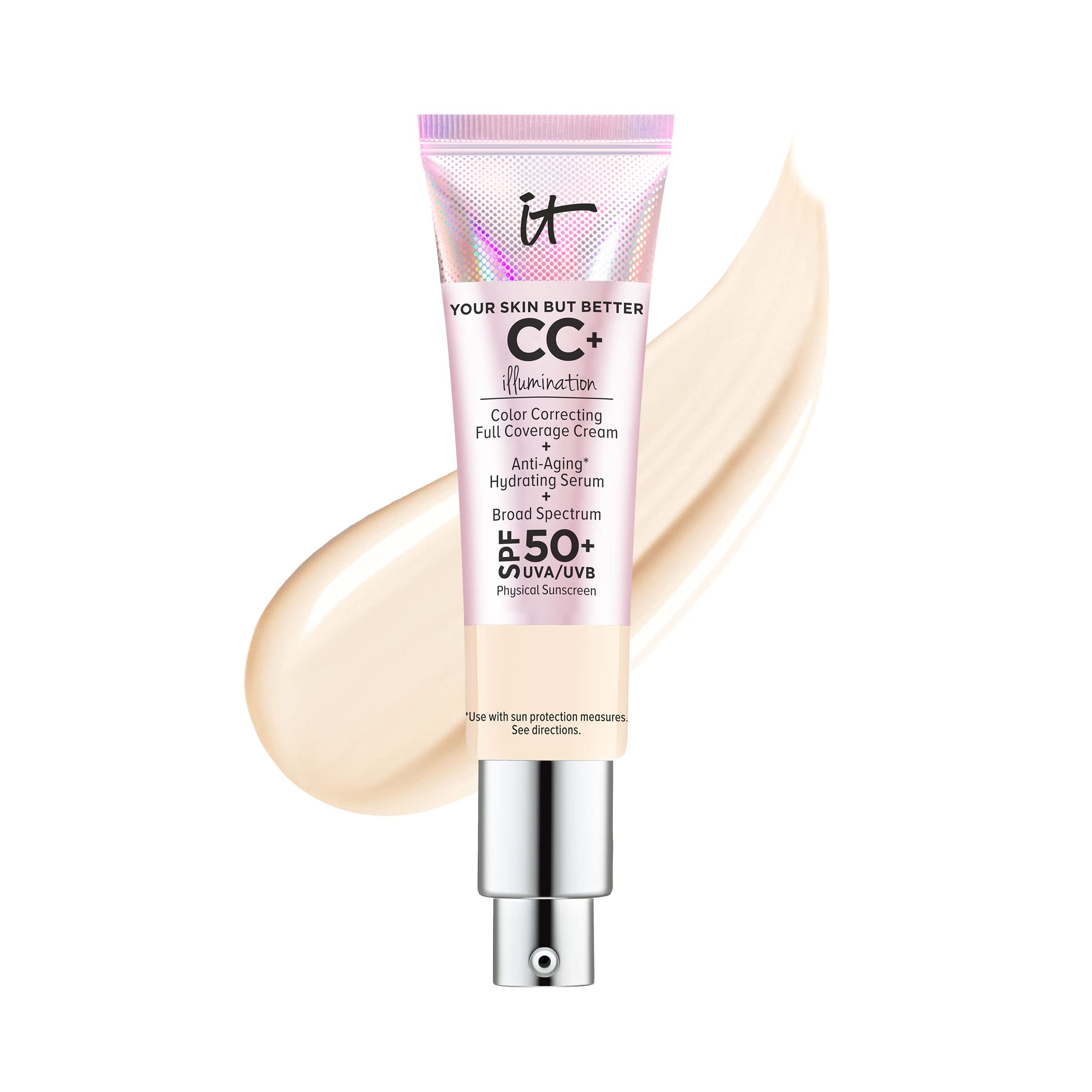 IT Cosmetics CC+ Cream Illumination - Radiant Full Coverage Foundation With SPF 50+, Color Corrector & Hydrating Anti-Aging Serum, Hydrolyzed Collagen + Peptides, Normal to Dry Skin - 1.08 fl oz