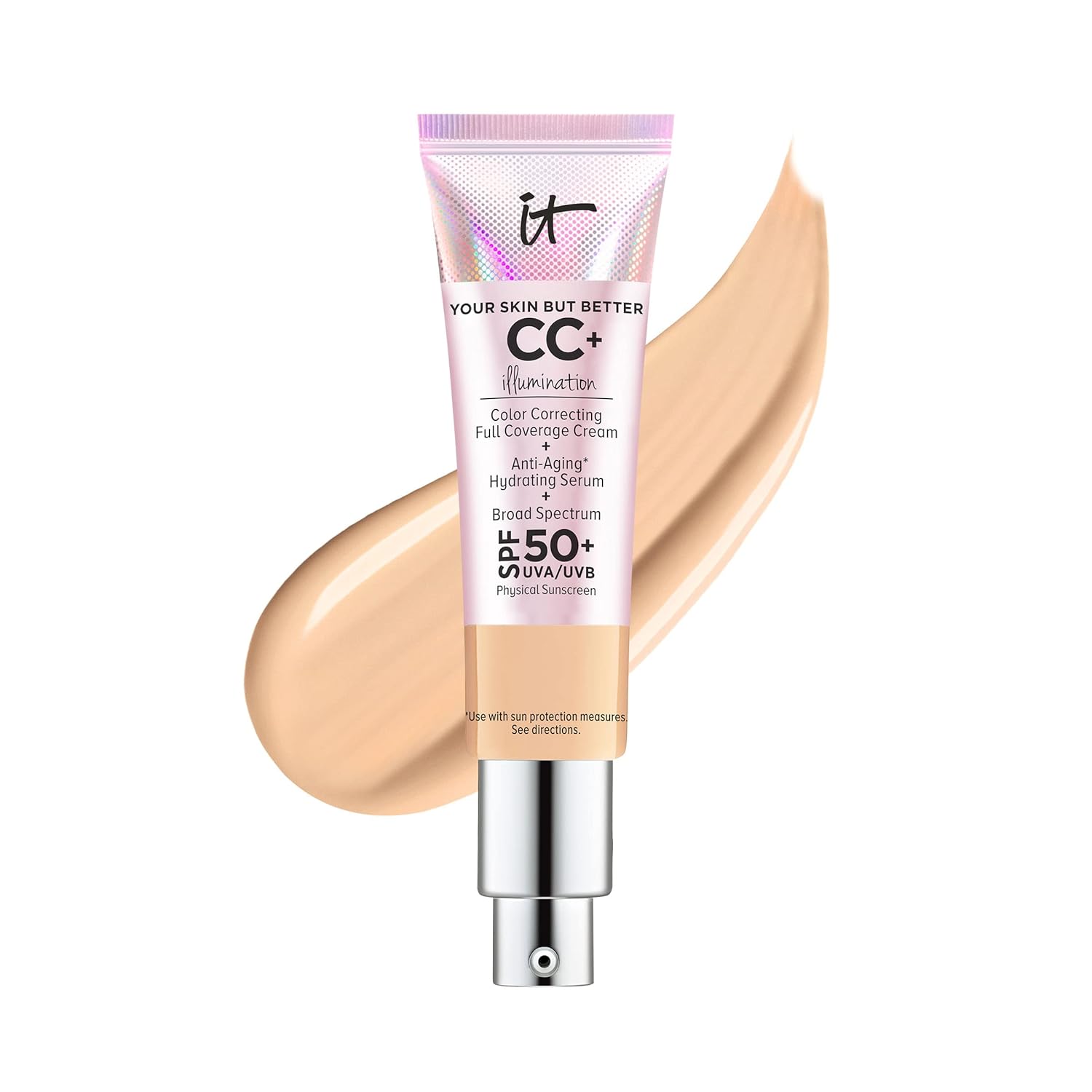 IT Cosmetics CC+ Cream Illumination - Radiant Full Coverage Foundation With SPF 50+, Color Corrector & Hydrating Anti-Aging Serum, Hydrolyzed Collagen + Peptides, Normal to Dry Skin - 1.08 fl oz