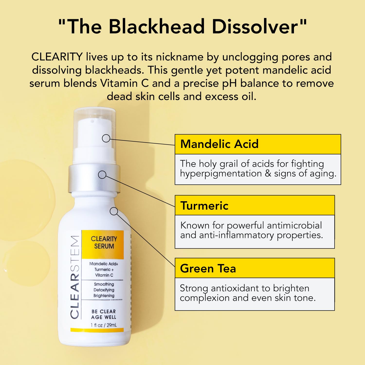 CLEARSTEM - CLEARITY The Blackhead Dissolver Mandelic Acid Serum - Vitamin C, Turmeric, Collagen Boost - All Skin Types - Facial Skin Care Products - Gluten Free, Cruelty Free - 1 fl oz / 29ml