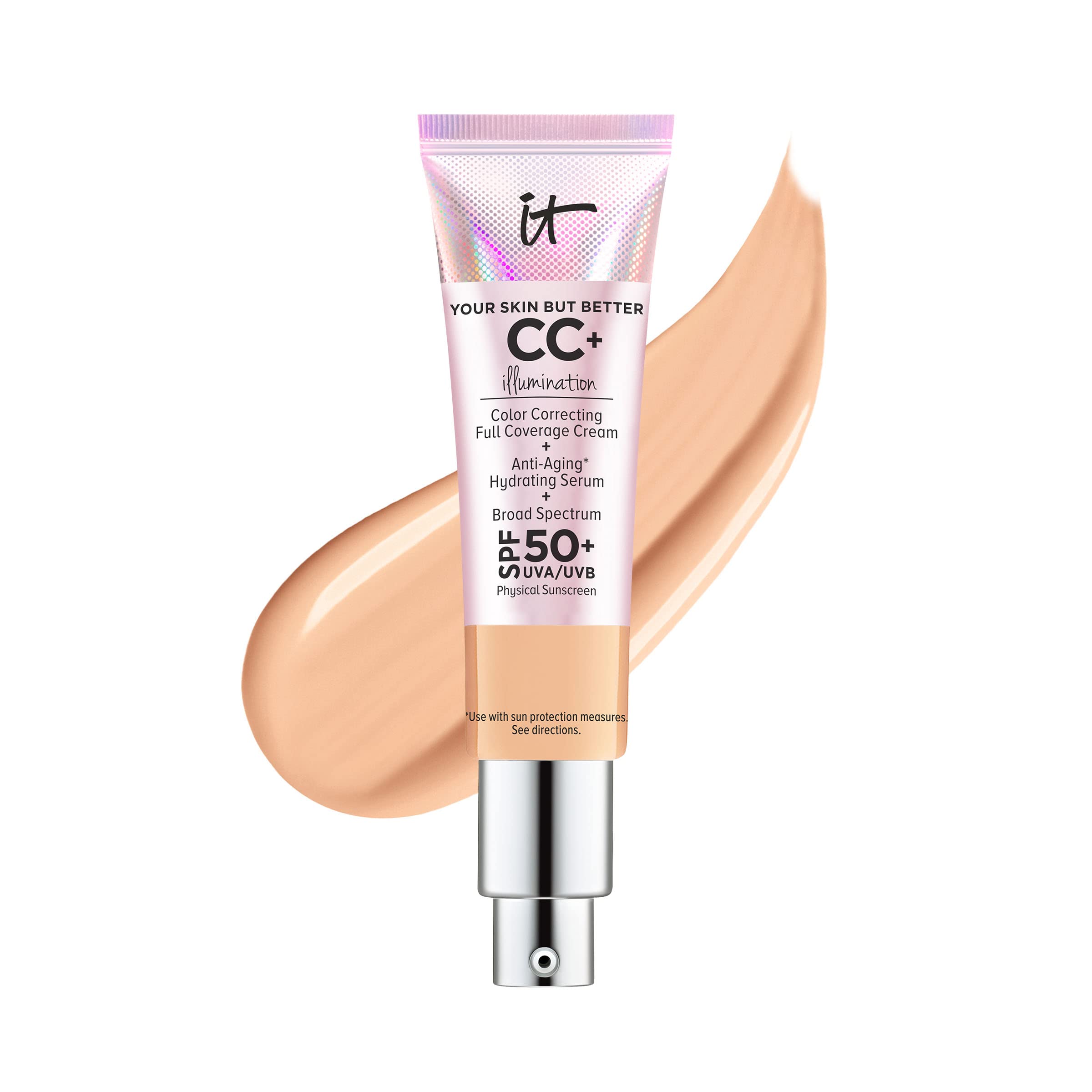 IT Cosmetics CC+ Cream Illumination - Radiant Full Coverage Foundation With SPF 50+, Color Corrector & Hydrating Anti-Aging Serum, Hydrolyzed Collagen + Peptides, Normal to Dry Skin - 1.08 fl oz