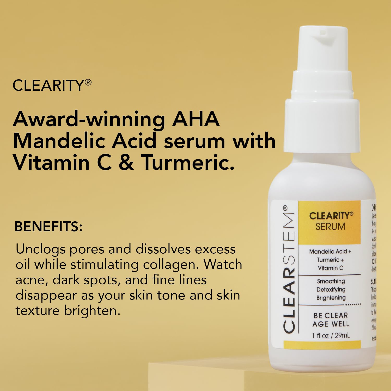 CLEARSTEM - CLEARITY The Blackhead Dissolver Mandelic Acid Serum - Vitamin C, Turmeric, Collagen Boost - All Skin Types - Facial Skin Care Products - Gluten Free, Cruelty Free - 1 fl oz / 29ml