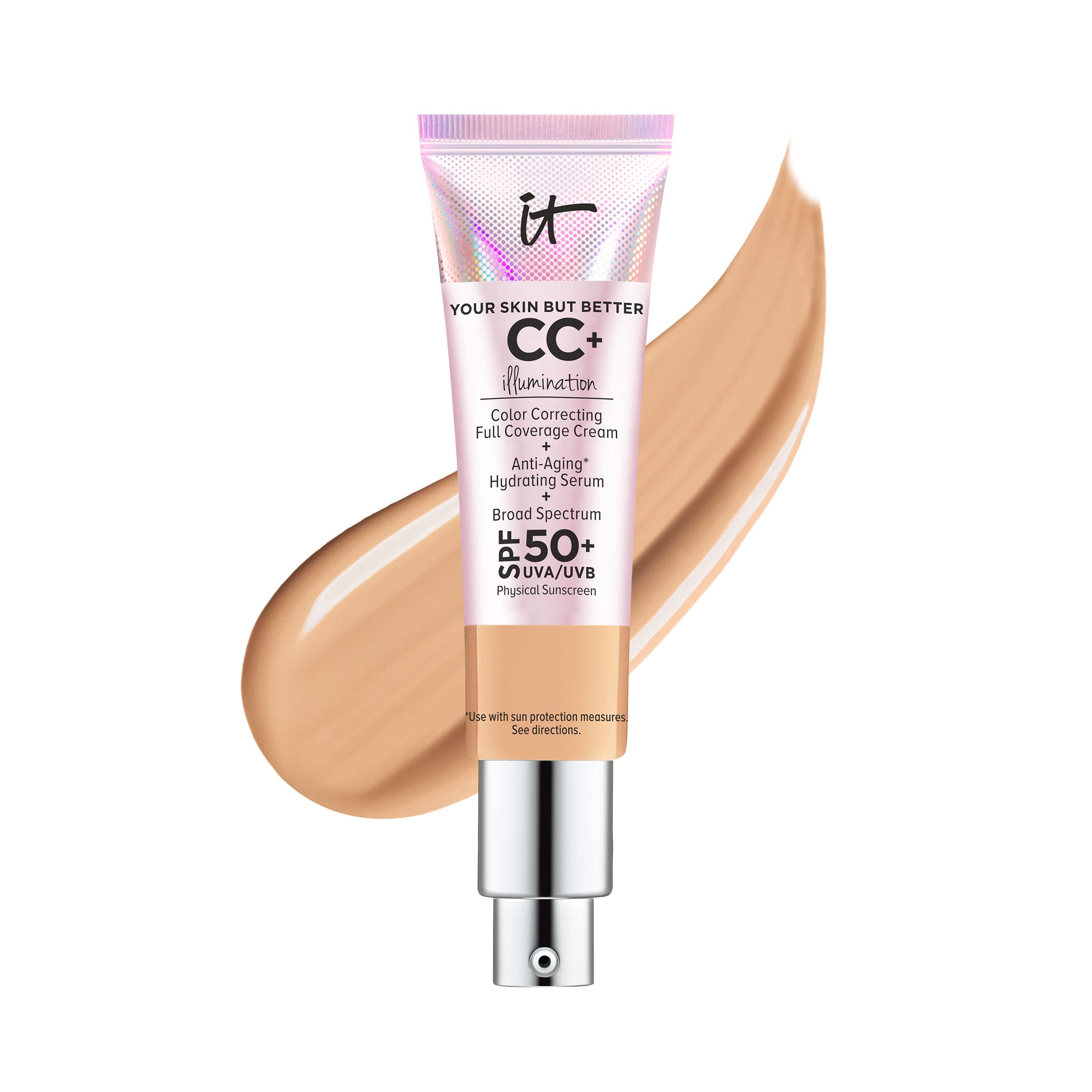 IT Cosmetics CC+ Cream Illumination - Radiant Full Coverage Foundation With SPF 50+, Color Corrector & Hydrating Anti-Aging Serum, Hydrolyzed Collagen + Peptides, Normal to Dry Skin - 1.08 fl oz